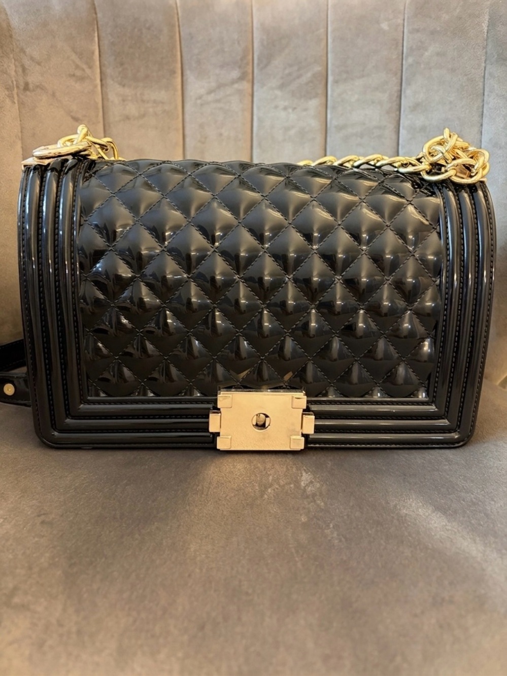 Black Quilted Patent Crossbody with Gold-Tone Hardware